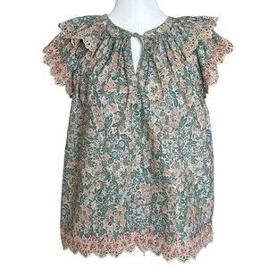 Ulla Johnson Floral Lace Trim Blouse Size 8 Boho Romantic Cottagecore Top